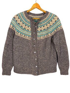 Vintage Nordic Wool Cardigan Small Fair Isle Sweater Gray Teal Scandinavian